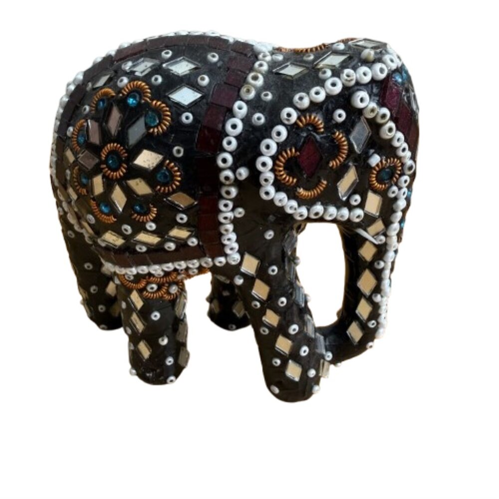 Handmade Indian Mirror Glass & Bead Embellished Elephant Figurine NWOT - Picture 2 of 5